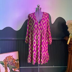 AQRL Italy Pink & Green V Neck Geometric Puff Sleeve Dress - One Size 🧡🎀